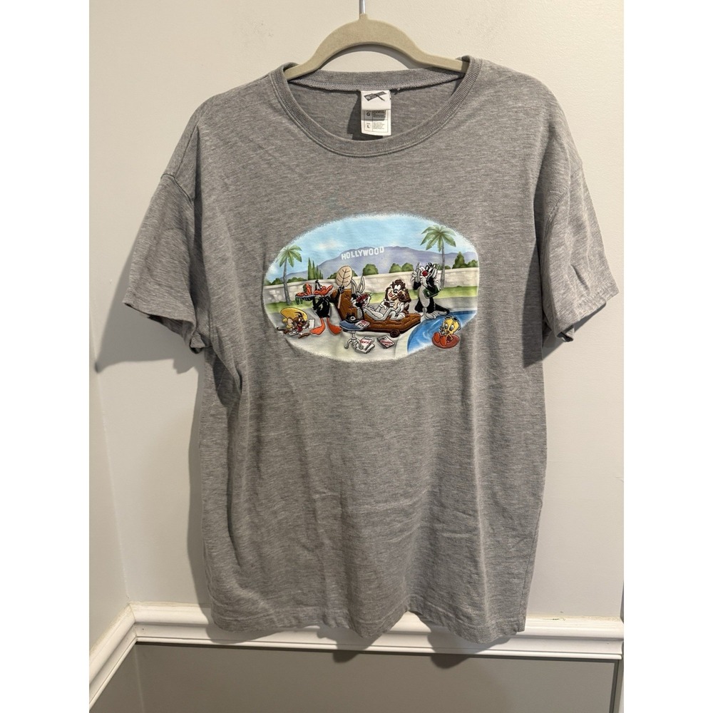Warner Bros 2000 Looney Tunes L Stitched Embroidered Shirt Hollywood Gray